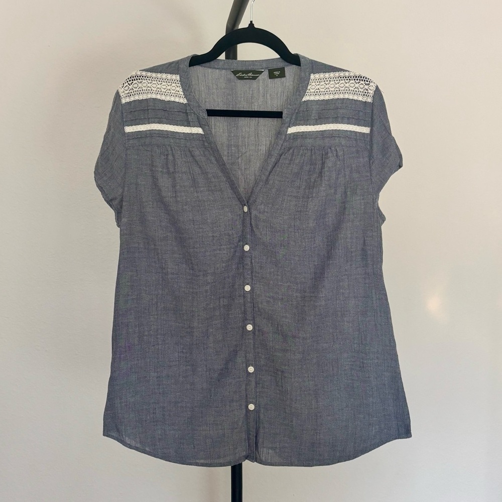 Eddie Bauer Blue Denim V Neck Button-Up Blouse Size M
